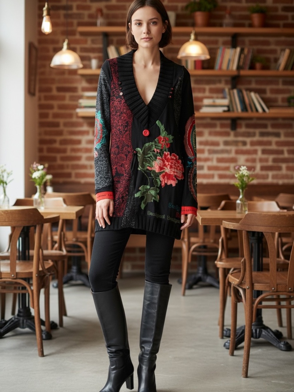 Desigual patchwork Black Multicolor Floral V-Neck Sweater long sleeve circa 2010